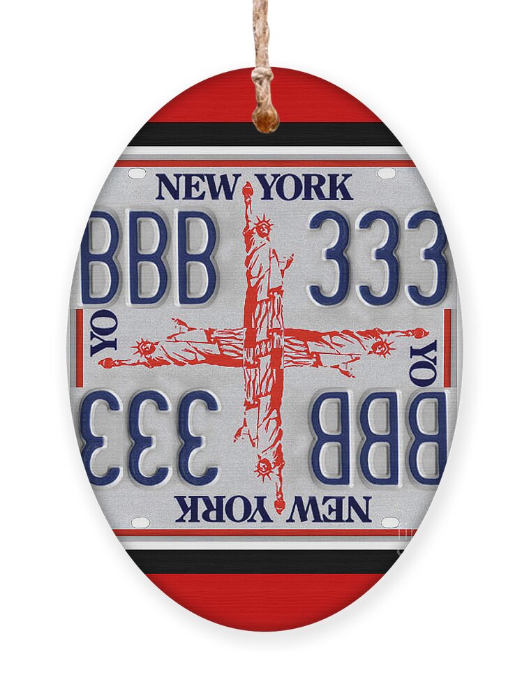 New York Ornament featuring the mixed media NY Statue of Liberty Cross Print - Recycled New York License Plates Art by Steven Shaver