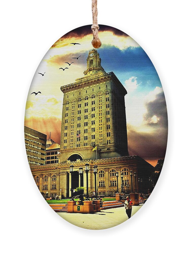 Oakland City Hall Ornament featuring the digital art Oakland City Hall, in sunset light by Nicko Prints