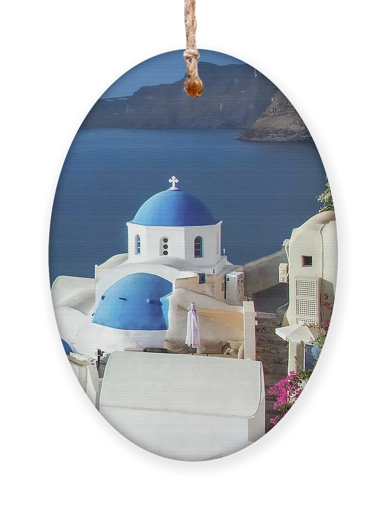 Santorini Ornament featuring the photograph Oia Santorini Blue Domes by Rebecca Herranen