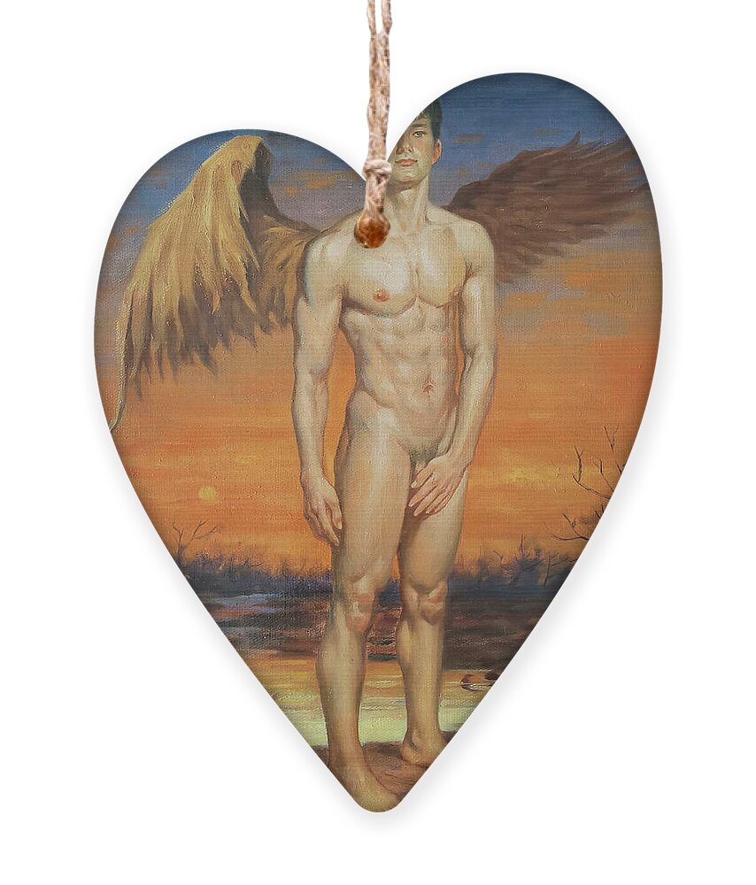 Angel Ornament featuring the painting Oil Painting Angel Of Male Nude In Sunset#17-1-16 by Hongtao Huang