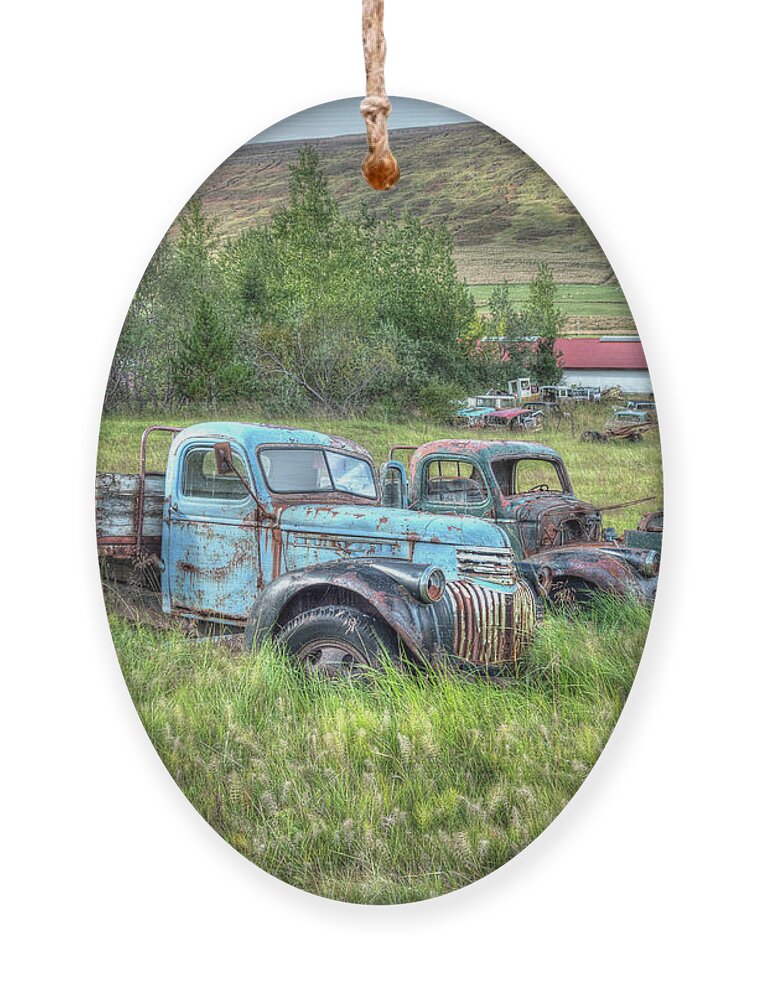 Ford Chevy Ornament featuring the photograph Old Chevys at Ystafell Museum Iceland by Kristia Adams