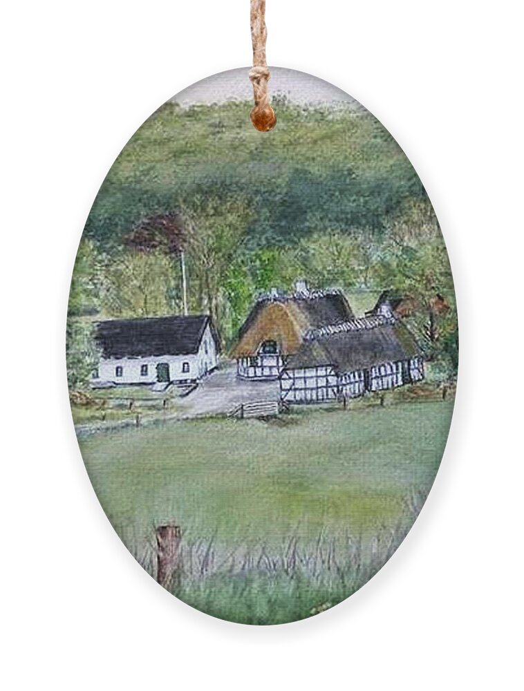 Landscape In Denmark Ornament featuring the painting Old Danish Farm House by Kelly Mills