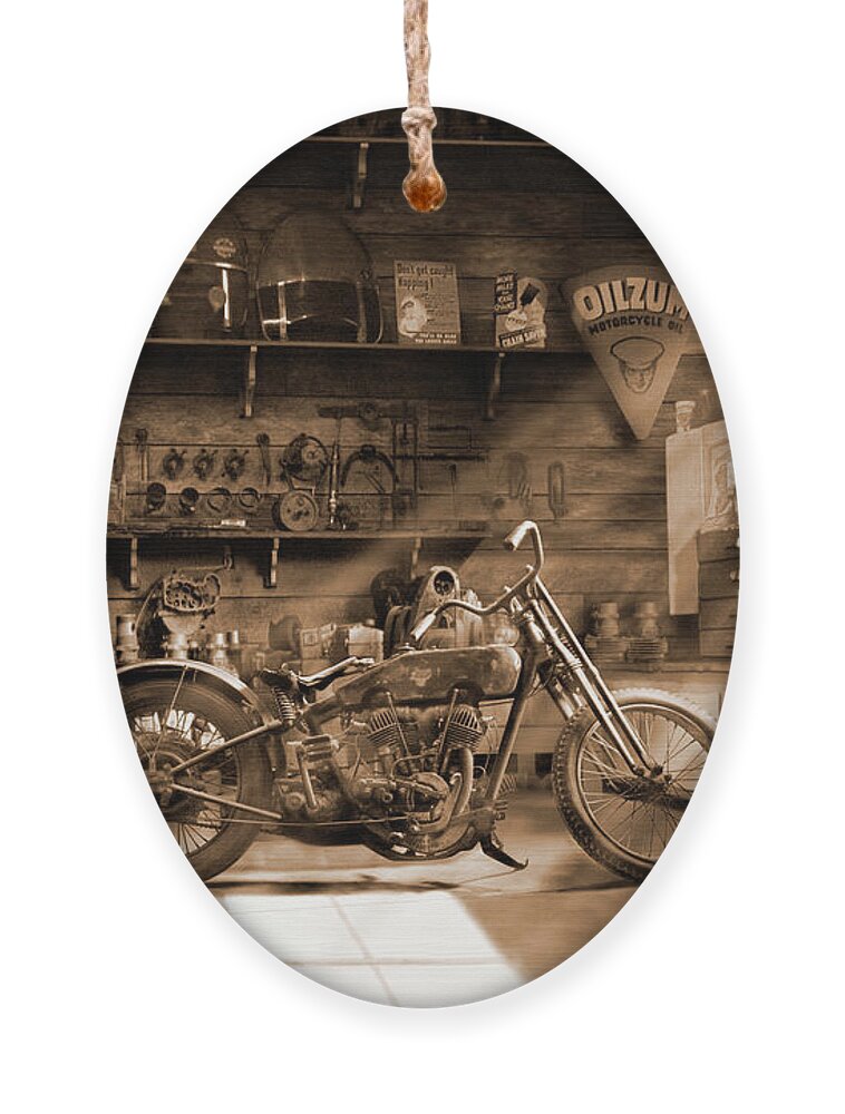 Motorcycle Ornament featuring the photograph Old Motorcycle Shop by Mike McGlothlen