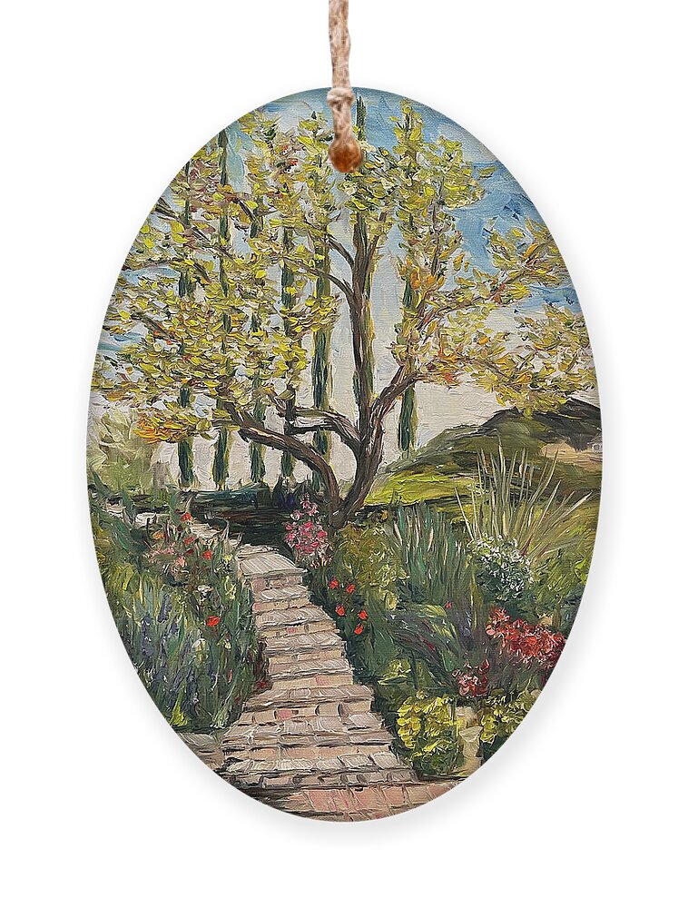 Olive Tree Ornament featuring the painting The Olive Tree at Gershon Bachus Vintners by Roxy Rich