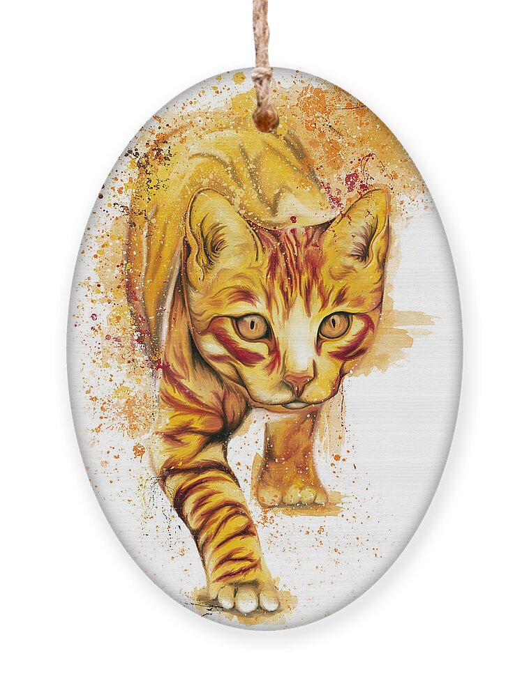 Orange Cat Ornament featuring the painting Orange chasing cat splatter painting, watercolor cat, by Nadia CHEVREL