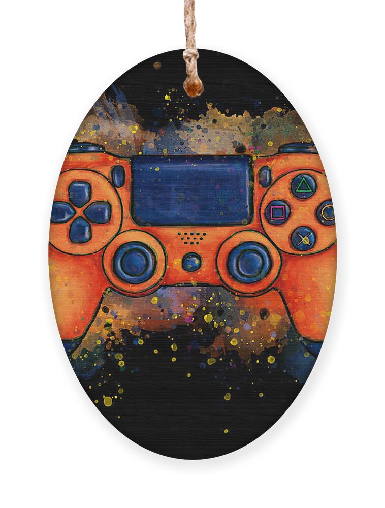 Gaming Ornament featuring the painting Orange game controller splatter art, gaming by Nadia CHEVREL
