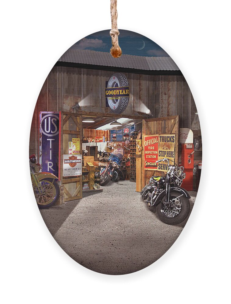 Motorcycle Shop Ornament featuring the photograph Outside the Motorcycle Shop by Mike McGlothlen