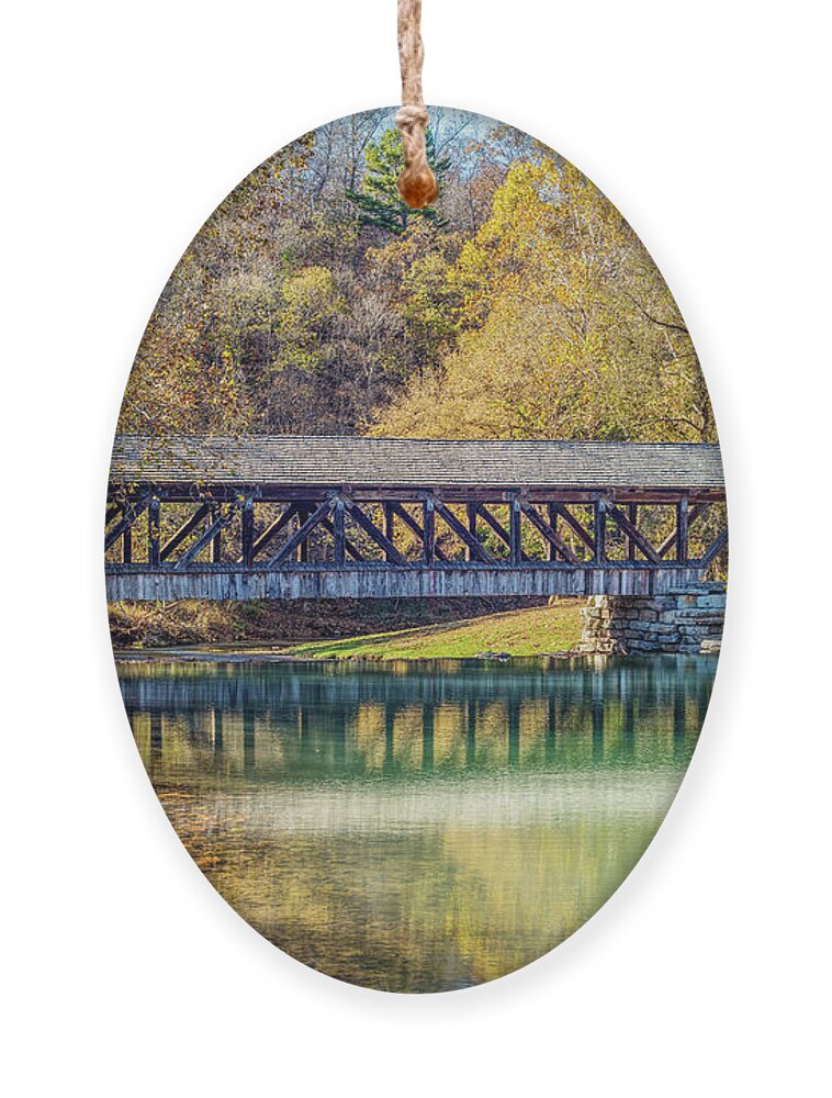 Covered Bridge Ornament featuring the photograph Ozarks Fall Rustic Covered Bridge by Jennifer White