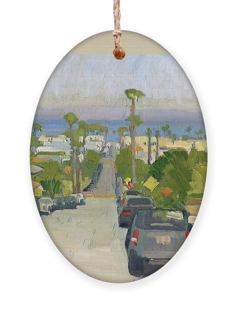Pacific Ocean Ornament featuring the painting Pacific Ocean from Newport Ave, Ocean Beach, San Diego by Paul Strahm