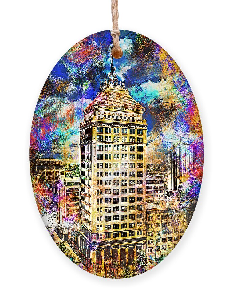 Pacific Southwest Building Ornament featuring the digital art Pacific Southwest Building in Fresno - colorful painting by Nicko Prints