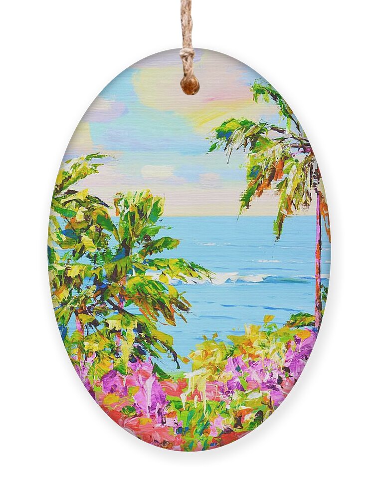 Ocean Ornament featuring the painting 	Palms. Ocean. Flowers. by Iryna Kastsova