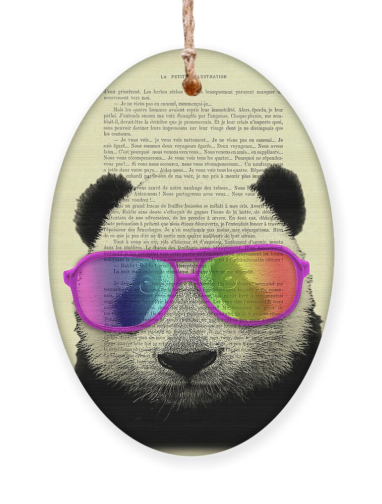 Panda Ornament featuring the mixed media Panda bear with cool sunglasses, wildlife animal with rainbow glasses by Madame Memento