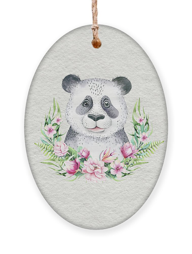 Panda Ornament featuring the painting Panda Bear With Flowers by Nursery Art