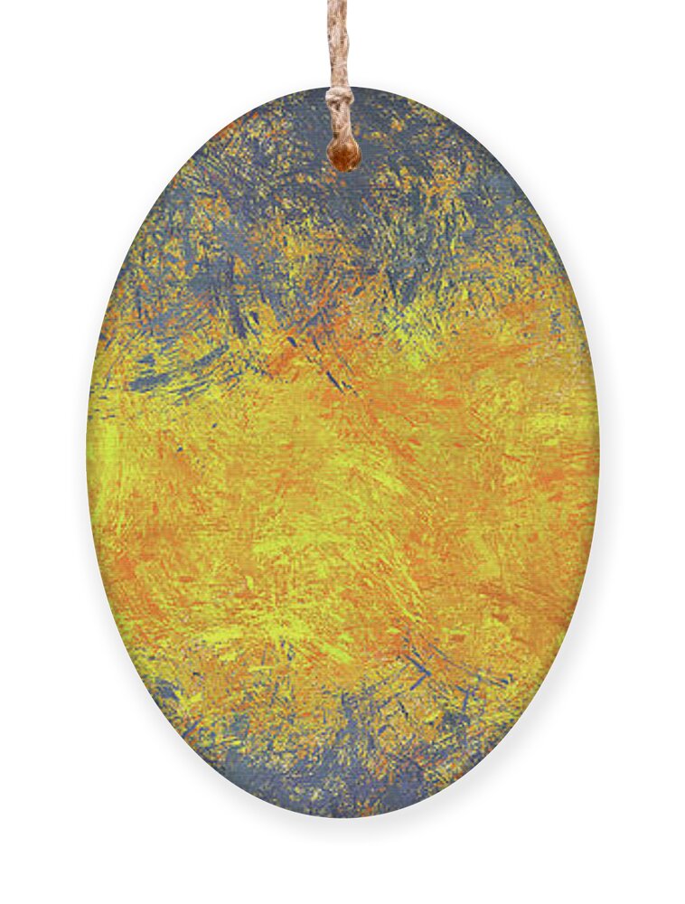 Long Ornament featuring the digital art Panoramic abstract in yellows and blues by Bentley Davis