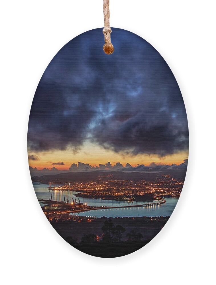 Port Ornament featuring the photograph Panoramic View of Ferrol Estuary with Bridge and Shipyards Stormy Sky at Dusk La Corua Galicia by Pablo Avanzini