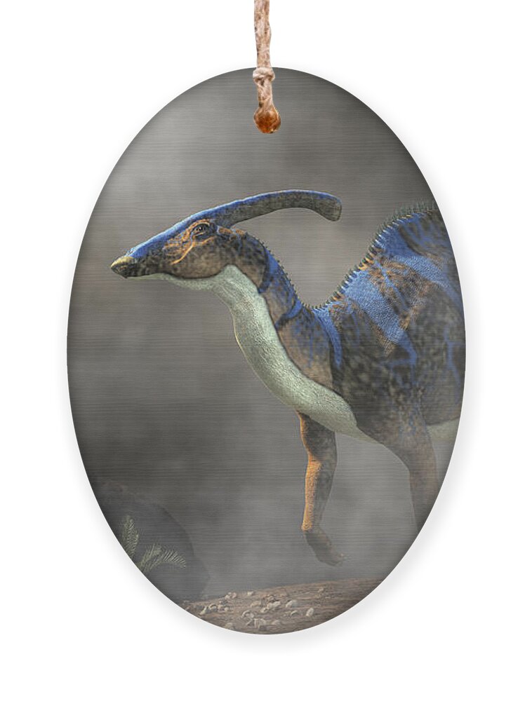 Parasaurolophus Ornament featuring the digital art Parasaurolophus in Fog by Daniel Eskridge