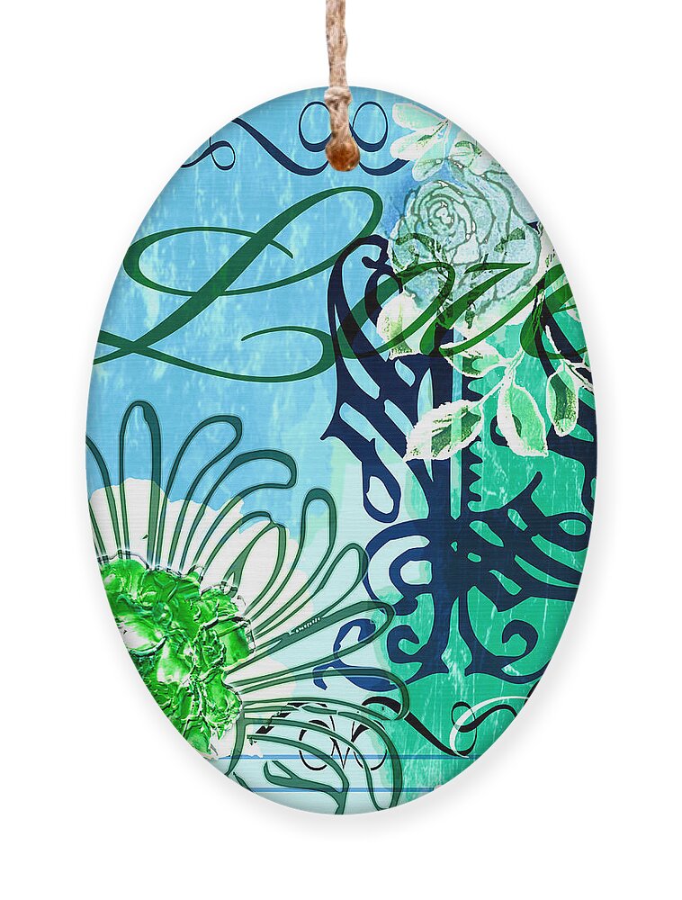 Peace Ornament featuring the digital art Peace and Love Blue Green Collage by Delynn Addams