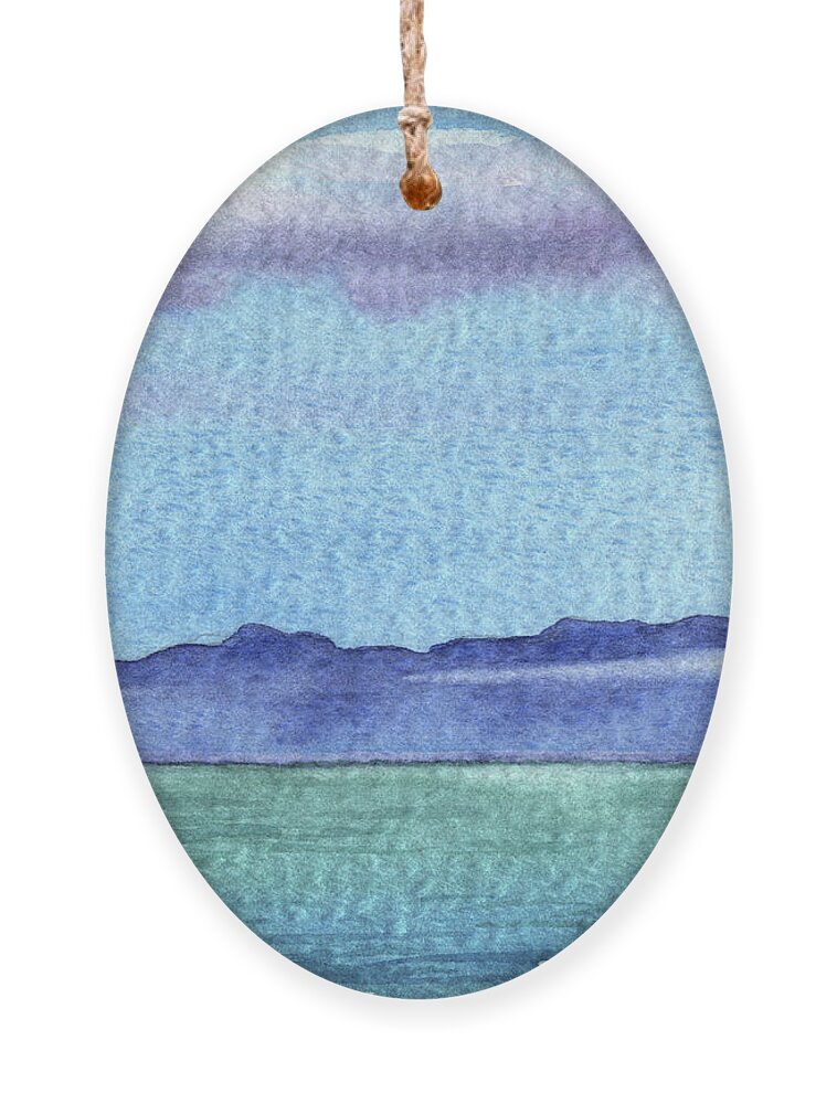 Mountain Lake Ornament featuring the painting Peaceful Seascape Watercolor Lake With Mountains And Clouds by Irina Sztukowski