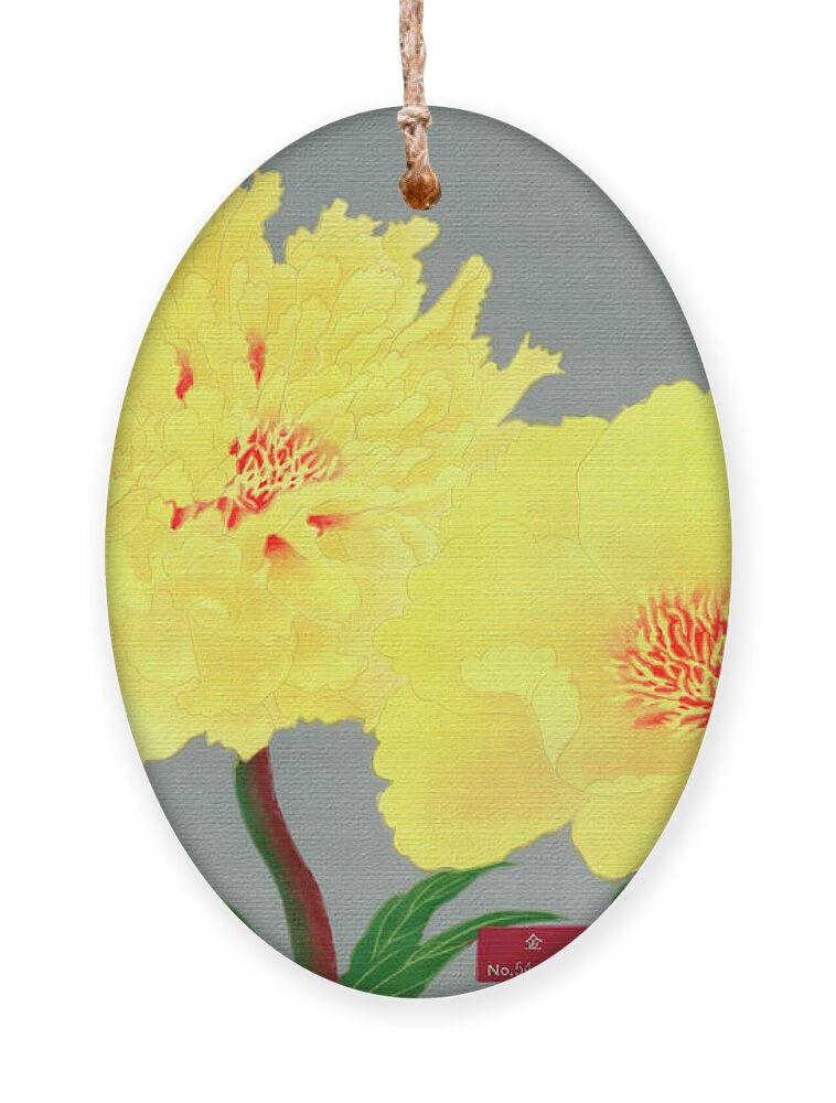 1939 Ornament featuring the painting Peony blossom, yellow flower, vintage print from The Picture Boo by Tony Rubino