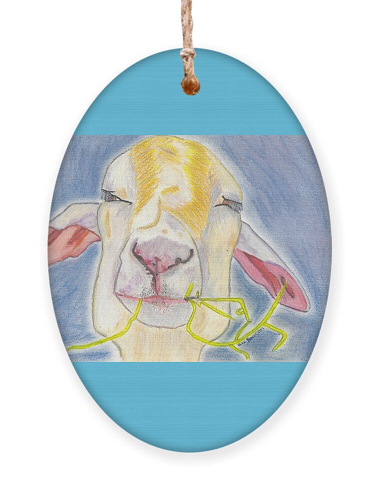 Goat Ornament featuring the mixed media Percival a Fun Adorable Mixed Media Goat Chewing Straw Drawing by Ali Baucom