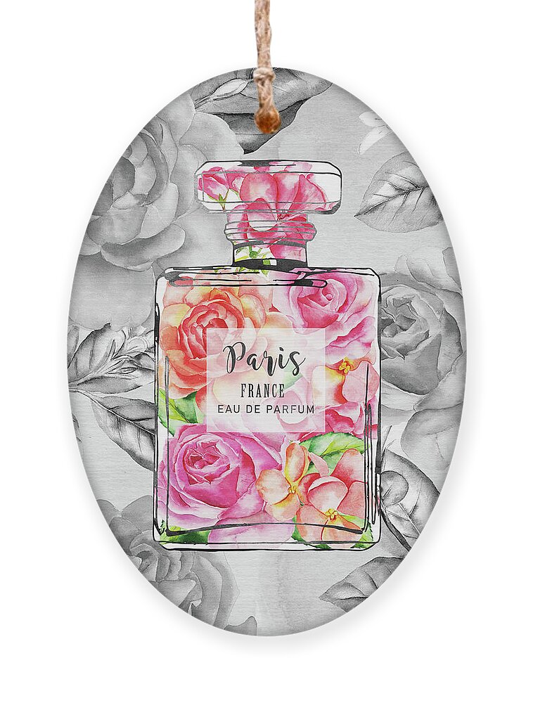 Perfume bottle on roses background Ornament
