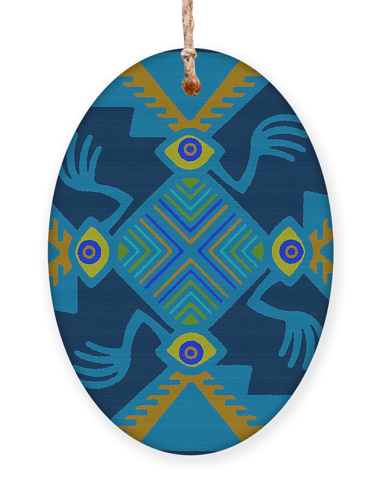 Inca Spirits Ornament featuring the digital art Peruvian Inca Pajaro Spirit - Navy Orange Yellow Blue by Vagabond Folk Art - Virginia Vivier