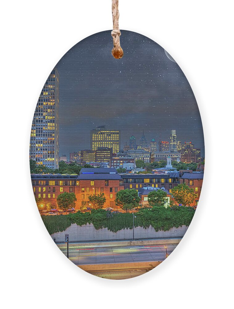 Waterfront View Of Downtown Ornament featuring the photograph Philly Night View Penns Landing by David Zanzinger