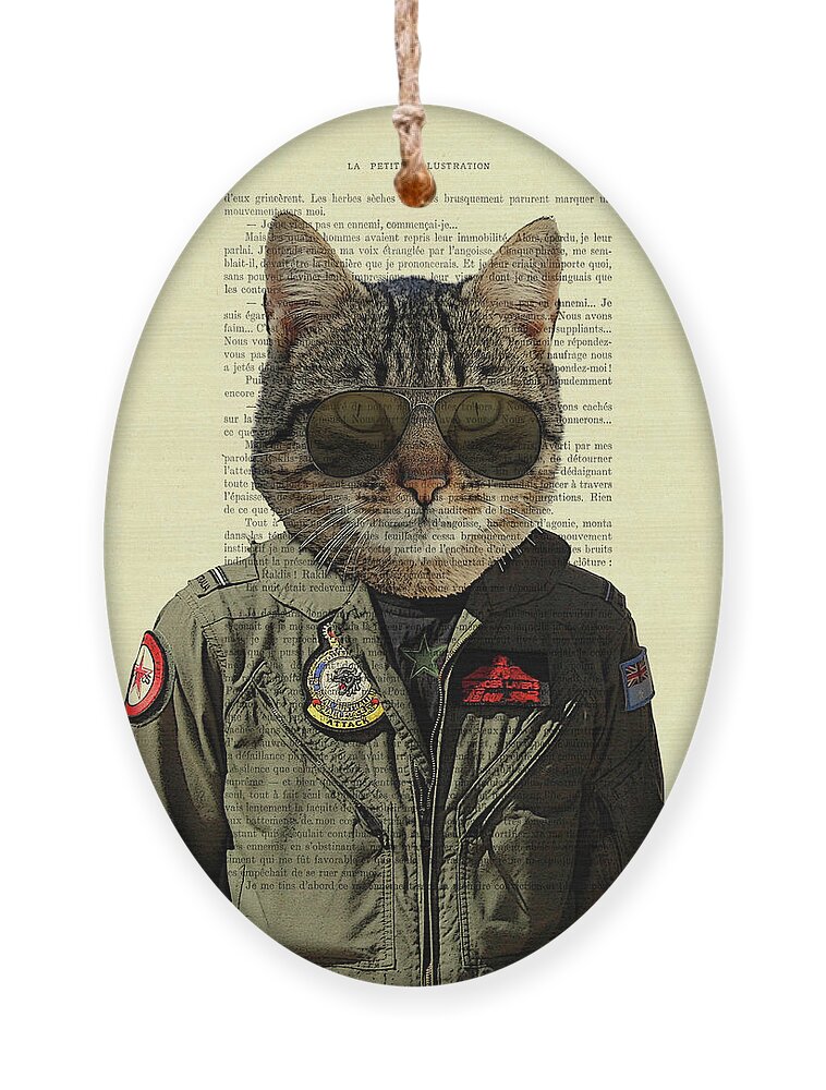 Cat Ornament featuring the digital art Pilot cat portrait on antique book page by Madame Memento