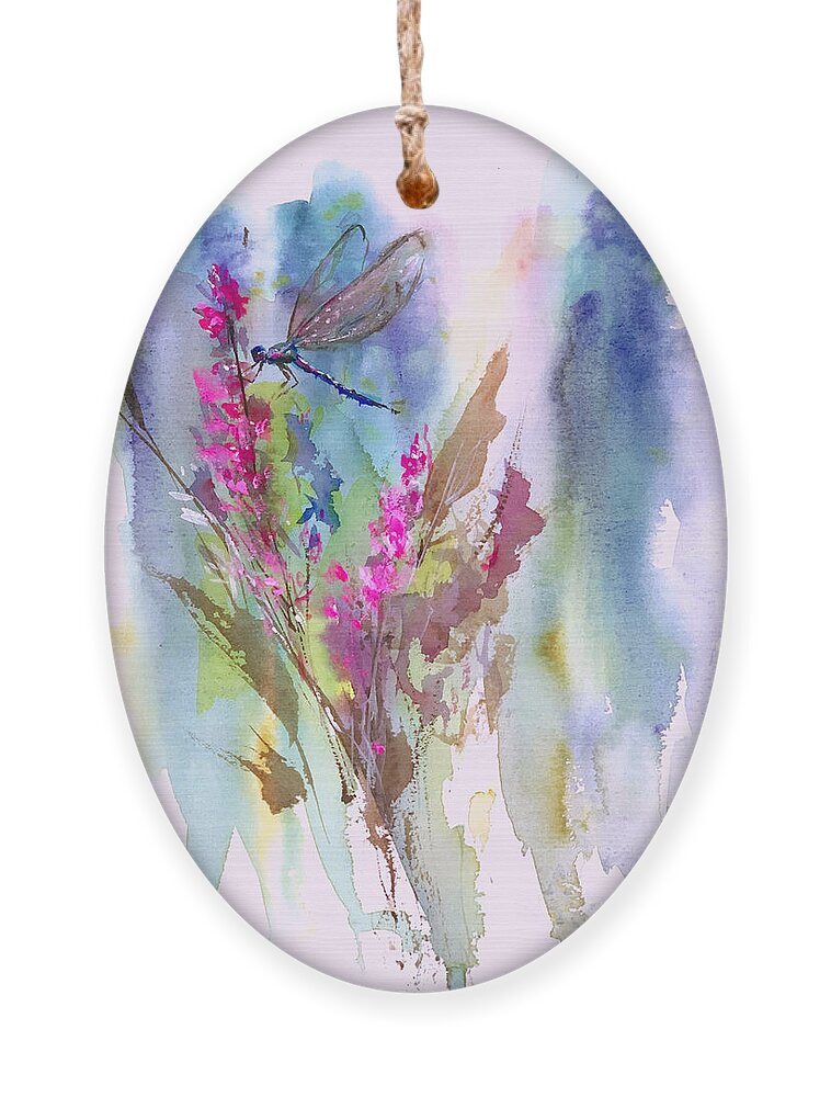 Garden Ornament featuring the painting Pink Flowers Dragonfly by Christy Lemp
