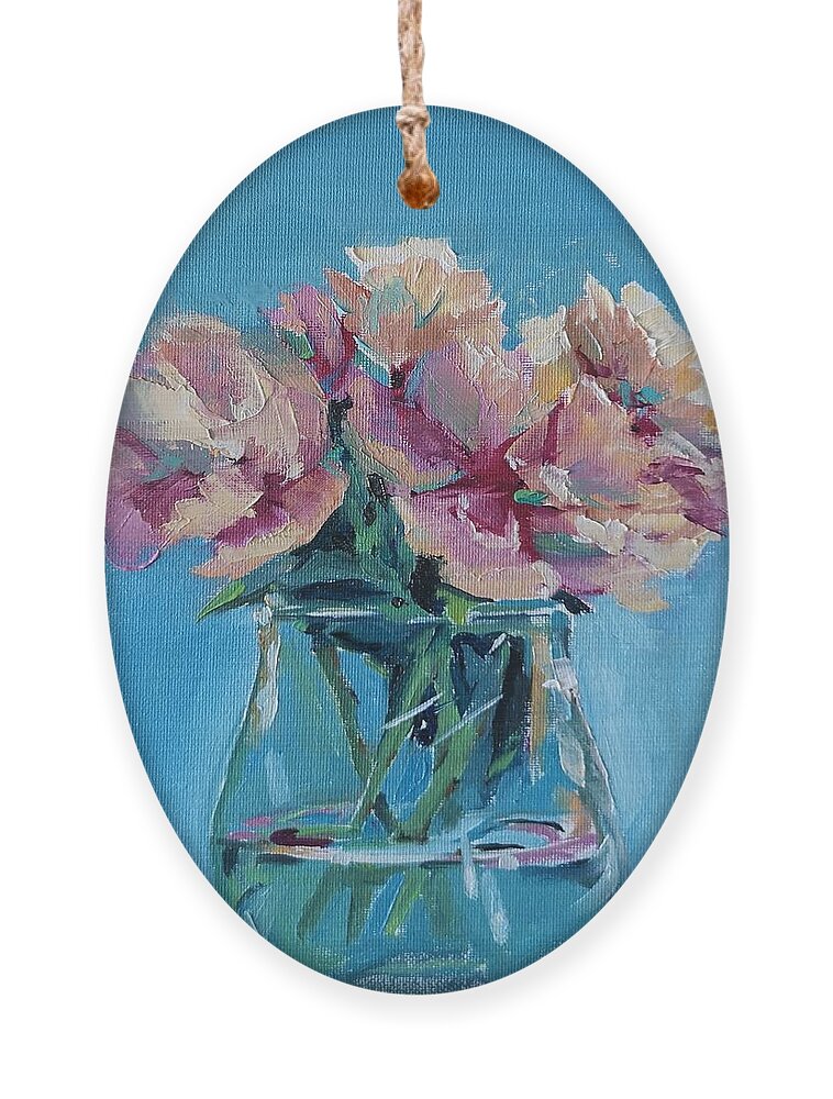 Pink Ornament featuring the painting Pink Flowers with Blue by Sheila Romard