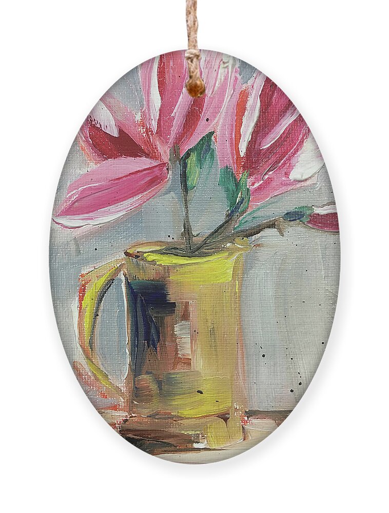 Magnolias Ornament featuring the painting Pink Magnolias in a Yellow Porcelain Pitcher by Roxy Rich