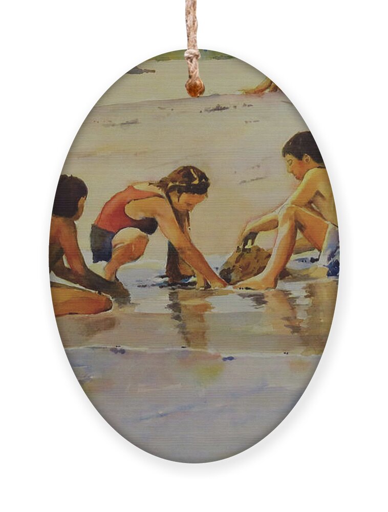 Beach Ornament featuring the painting Playing on Penghu Beach by David Gilmore