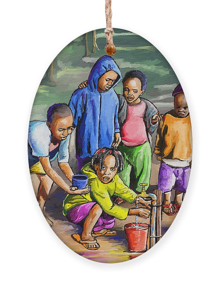 Kenyan Ornament featuring the painting Playing with Water by Anthony Mwangi