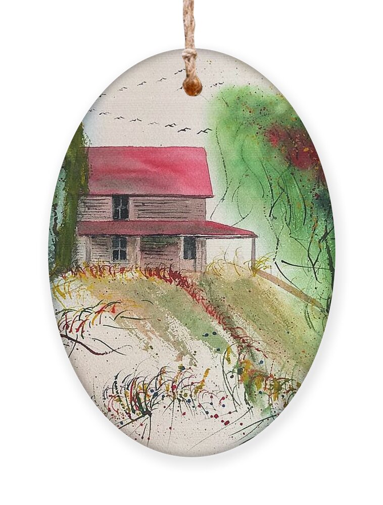 Farm Ornament featuring the painting Poindexter 1908 Ancestral Homested and Farm ar Smith Mountain Lake in Virginia by Catherine Ludwig Donleycott