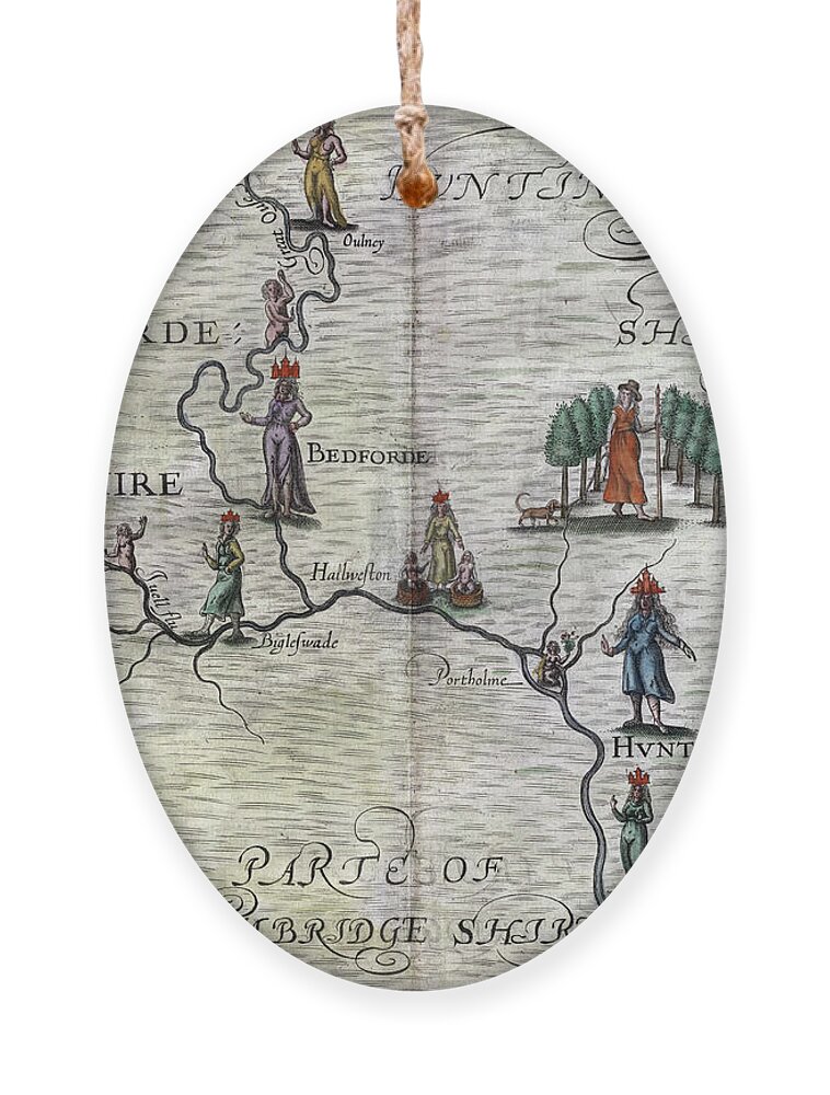 1622 Ornament featuring the drawing Poly-Olbion - Map of Bedfordshire, Huntingdonshire, and part of Cambridgeshire, England by Michael Drayton