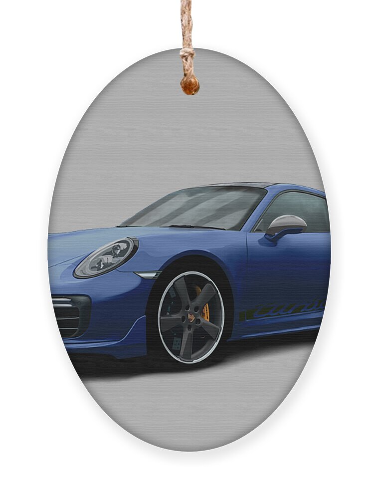 Hand Drawn Ornament featuring the digital art Porsche 911 991 Turbo S Digitally Drawn - Dark Blue with side decals script by Moospeed Art