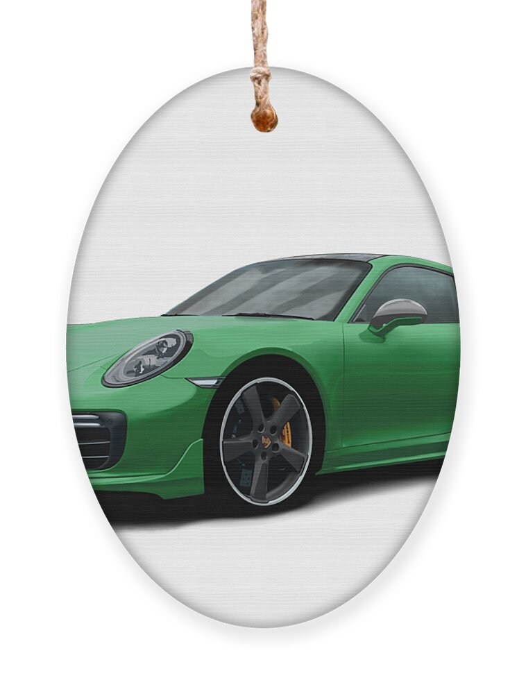 Hand Drawn Ornament featuring the digital art Porsche 911 991 Turbo S Digitally Drawn - Green by Moospeed Art
