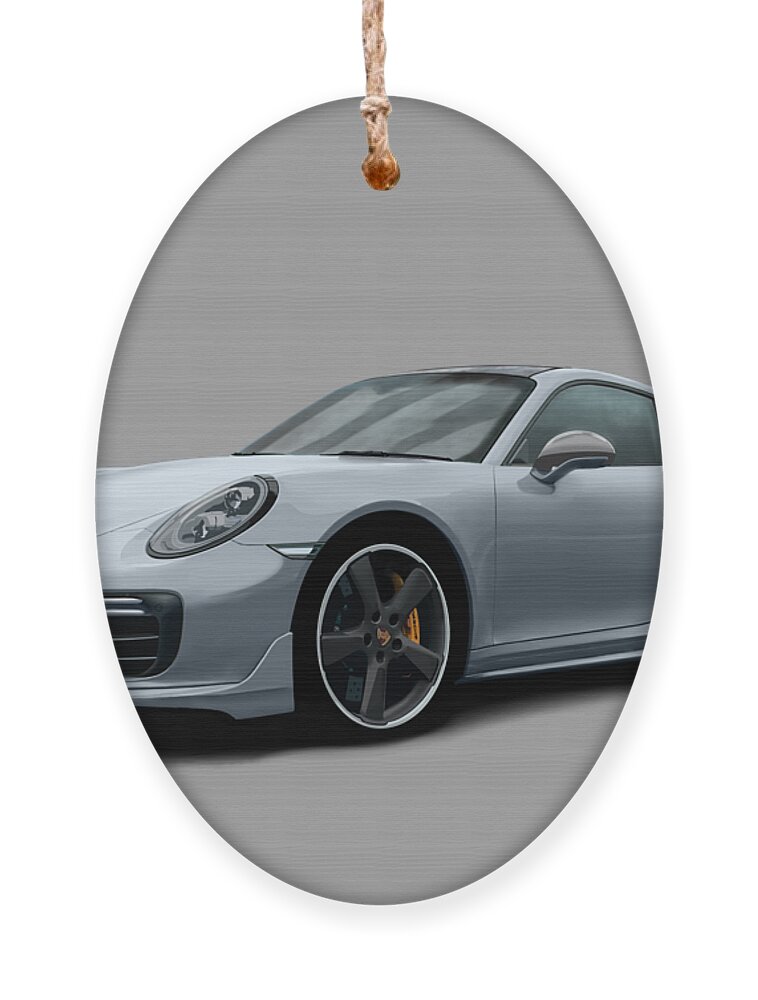 Hand Drawn Ornament featuring the digital art Porsche 911 991 Turbo S Digitally Drawn - Grey by Moospeed Art