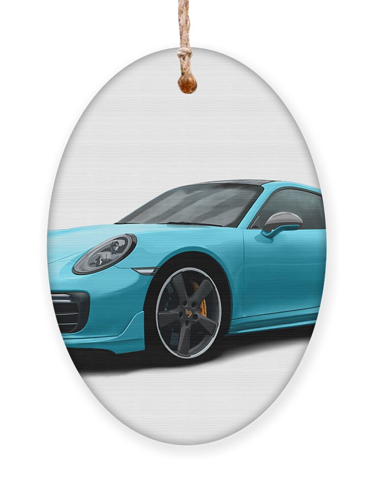 Hand Drawn Ornament featuring the digital art Porsche 911 991 Turbo S Digitally Drawn - Light Blue by Moospeed Art