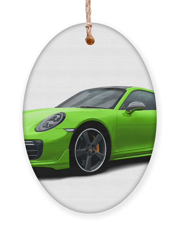Hand Drawn Ornament featuring the digital art Porsche 911 991 Turbo S Digitally Drawn - Light Green by Moospeed Art