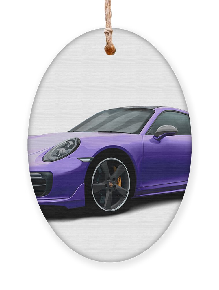 Hand Drawn Ornament featuring the digital art Porsche 911 991 Turbo S Digitally Drawn - Purple by Moospeed Art