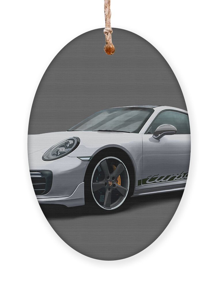 Hand Drawn Ornament featuring the digital art Porsche 911 991 Turbo S Digitally Drawn - Silver with side decals script by Moospeed Art