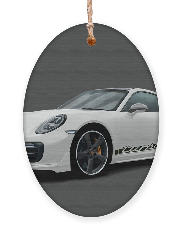 Hand Drawn Ornament featuring the digital art Porsche 911 991 Turbo S Digitally Drawn - White with side decals script by Moospeed Art