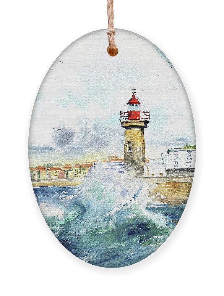 Porto Ornament featuring the painting Porto Felgueiras Lighthouse Painting by Dora Hathazi Mendes