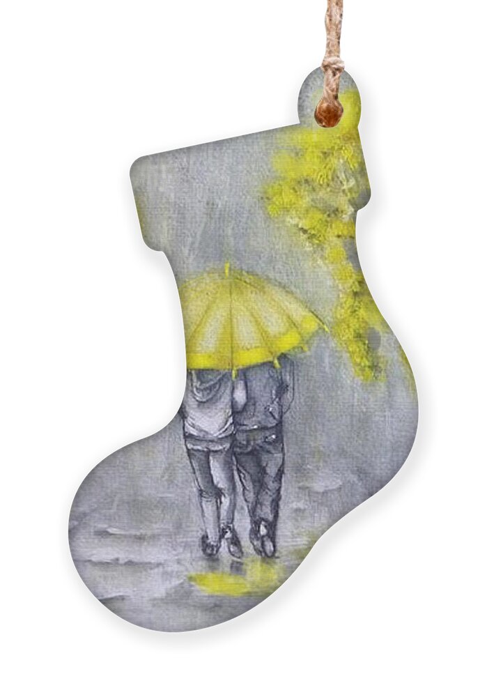 Yellow Umbrella Ornament featuring the painting Pouring Rain in Yellow by Kelly Mills