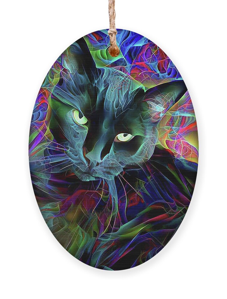 Cat Ornament featuring the digital art Psychedelic Black Cat Fractal by Peggy Collins