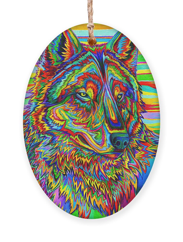 Psychedelic Ornament featuring the drawing Psychedelic Wolf by Rebecca Wang