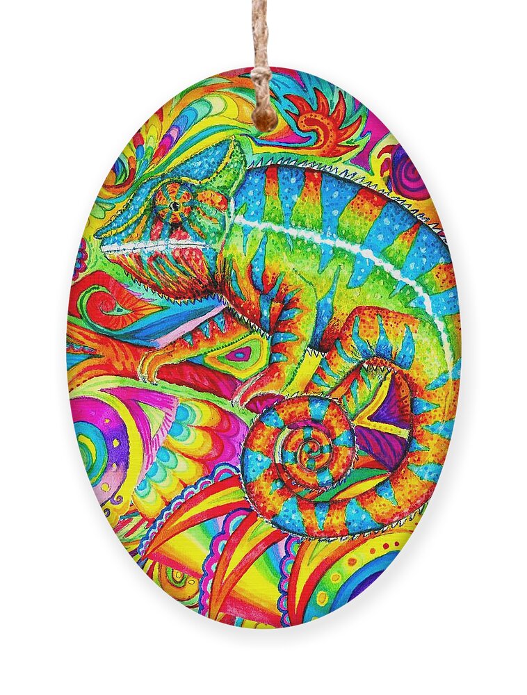Chameleon Ornament featuring the drawing Psychedelizard - Psychedelic Rainbow Chameleon by Rebecca Wang
