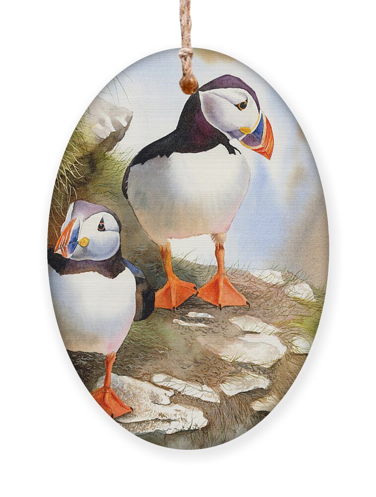 Puffins Ornament featuring the painting Puffins by Espero Art