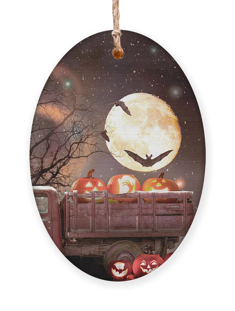 Truck Ornament featuring the photograph Pumpkins under the Halloween Country Moon by Debra and Dave Vanderlaan